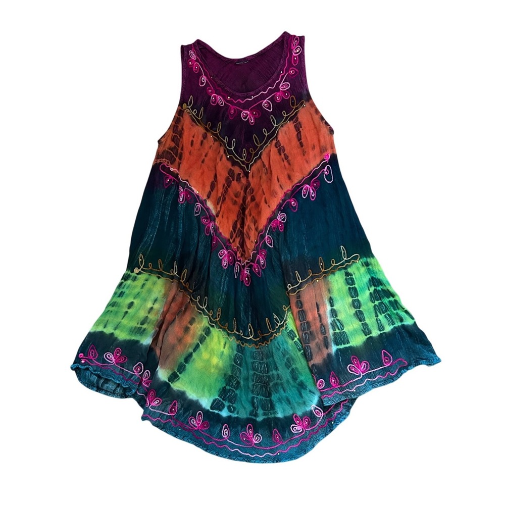 Boho Tie Dye Embroidered Sleeveless Tunic Mini Dress Artsy Festival hippy